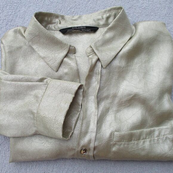 Zara Woman Collection Blouse Size Small Gold Metallic Crinkle Button Up - Picture 7 of 9